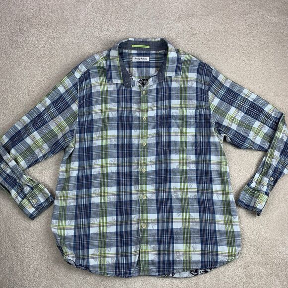 Tommy Bahama Blue Palapa Plaid Size XL Seagrove Floral Button Up - Picture 2 of 14